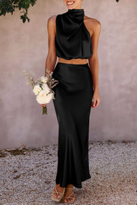PRETTYGARDEN Women's 2 Piece Satin Outfits Summer Sleeveless Mock Neck Crop Tops and Long Skirt Dress Sets (Black,Medium)