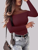 Load image into Gallery viewer, OwnTime Womens Off The Shoulder Tops Sexy Long Sleeve Shirts Fall Ribbed Knit Slim Fit Going Out Trendy Tops Blouses Burgundy M
