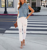 Load image into Gallery viewer, Women&#39;s Denim Top Casual Distressed Button Down Cap Sleeve Ruffle Blouses Summer Sleeveless Collared Jean Shirt
