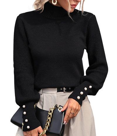 Upopby Women's Fall Winter Turtleneck Sweaters for Women 2025 2026 Trendy Lantern Sleeve Knitted Pullover Sweater Jumper Tops Black L