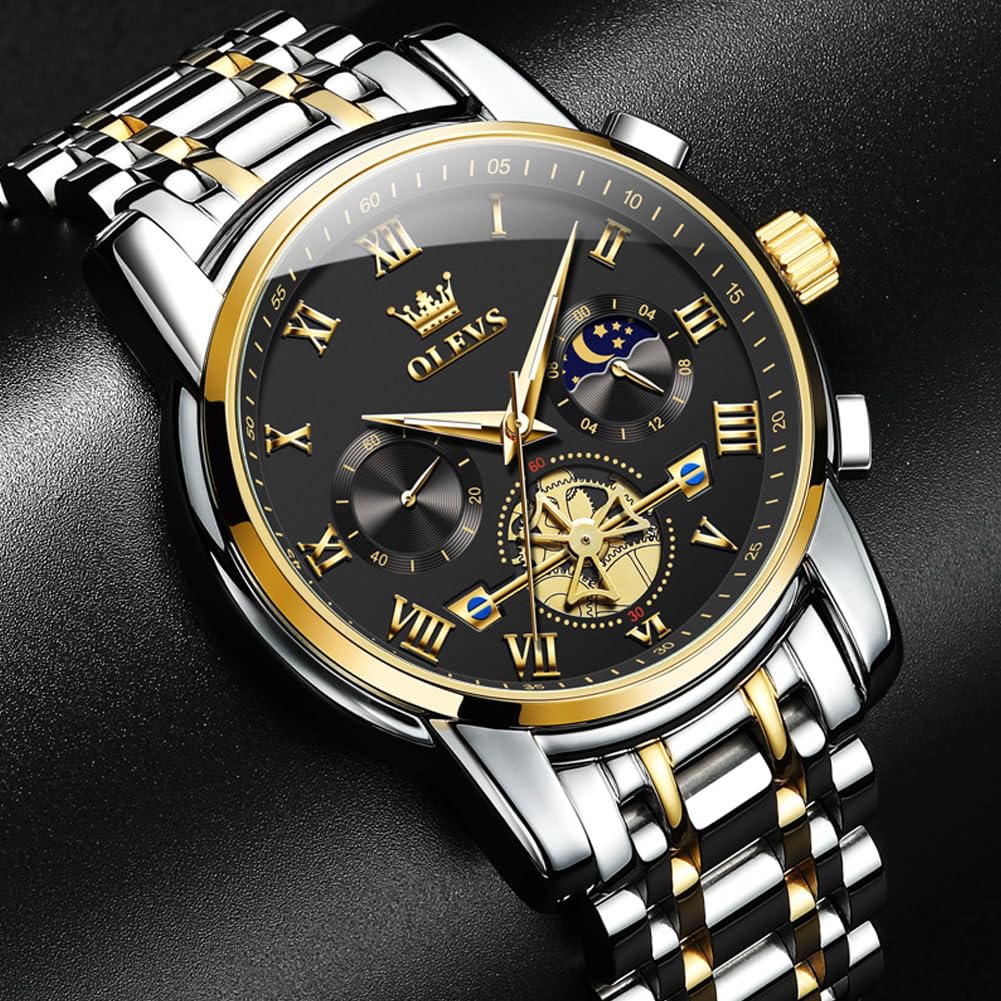 OLEVS Black Watches for Men Luxury Fashion Gold and Silver Stainless Steel Men's Wrist Watches Classic Nice Big Face Waterproof Quartz Men Watch with Day Two Tone Moon Phase Relojes para Hombres