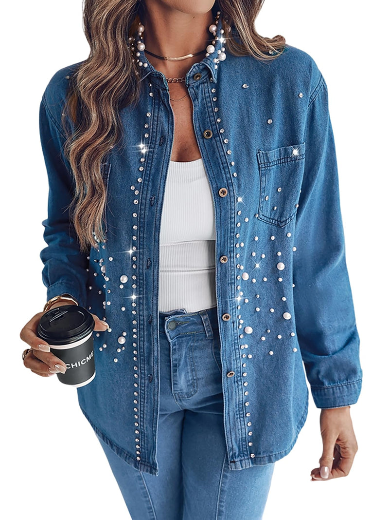 CHICME Womens Pearl Rhinestone Embellished Denim Shirt Long Sleeve Button Down Turn Down Collar Casual Jean Blouse Top for Daily and Party-Blue-M