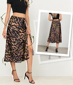 Load image into Gallery viewer, Women&#39;s Side Slit A Line Satin Midi Skirt Elastic High Waisted Cheetah Leopard Print Silk Long Skirts for Women
