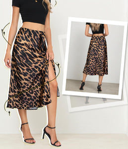 Women's Side Slit A Line Satin Midi Skirt Elastic High Waisted Cheetah Leopard Print Silk Long Skirts for Women