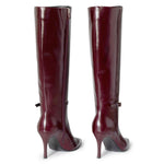 Load image into Gallery viewer, COMJUY Smooth Burgundy Knee High Boots Women Stiletto High Heel 3.3in, Side Zipper Pointed Toe Metal Buckle Tall Boots Dress Boots for Women, Comfortable Faux Leather Below Knee Long Boots Size 8.5
