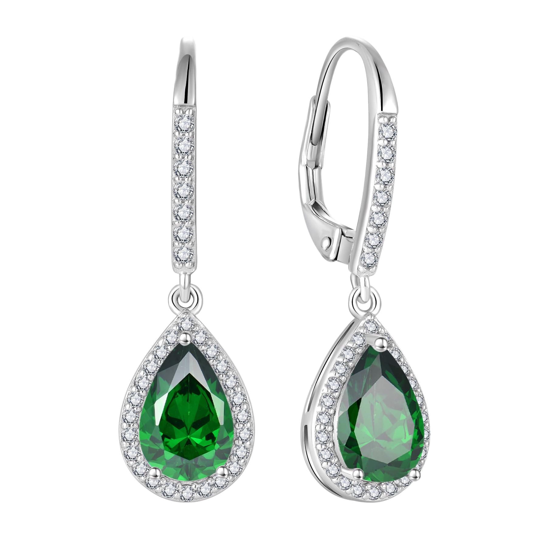 FJ Teardrop Emerald Earrings 925 Sterling Silver Dangle Drop Earrings May Birthstone Jewelry for Women