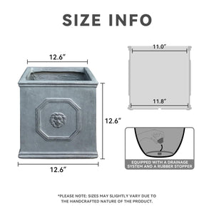 Kante Square Lion Head Concrete Planter, Classic English Style Plant Pot with Drainage Hole and Rubber Plug for Indoor Outdoor Garden Patio Home, 12.6"x12.6"x12.6" Antique Gray