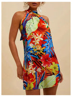 Load image into Gallery viewer, Floerns Women's Sleeveless Floral Print Sundress Halter Neck A Line Short Dress Orange Red Multi Small
