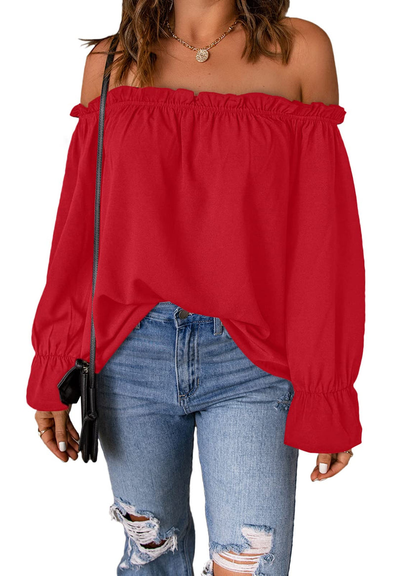 Spriolim Womens Off Shoulder Blouse Long Sleeve Casual Elegant Ruffle Chiffon Top Red, Large