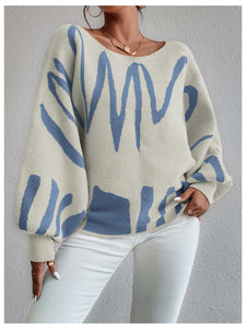 BEAUDRM Women's Lantern Sleeve Sweater Graphic Boat Neck Drop Shoulder Long Sleeve Oversized Pullovers Jumper Top Beige Medium