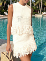 Load image into Gallery viewer, Fisoew Womens 2 Piece Crochet Outfits Sleeveless Knit Sweater Tops Fringe Skirts Summer Vacation Sets Beach Cover Ups
