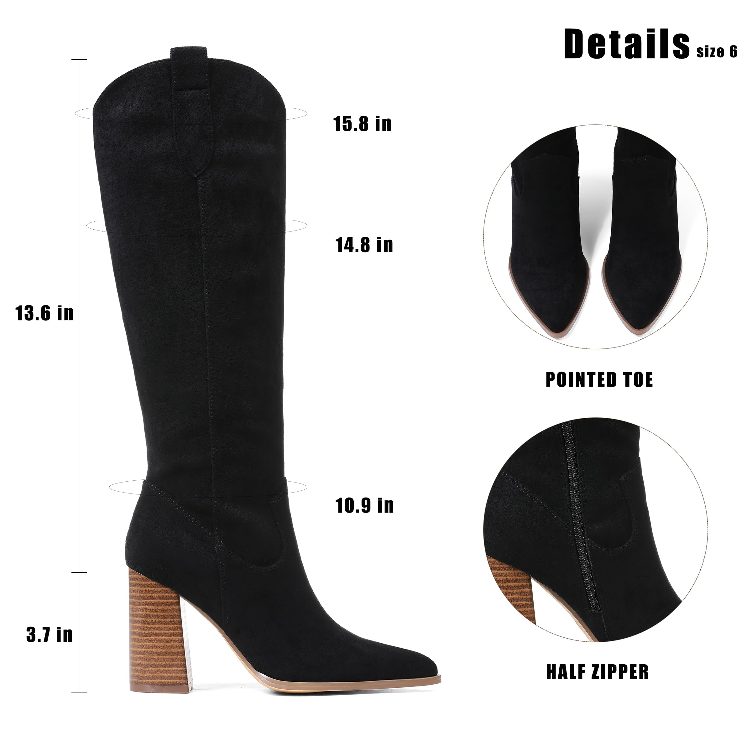 MeiLuSi Fall Boots for Women 2025 Black Knee High Cowboy Boots, Tall Suede Shoes Fashion Cowgirl Shoes Chunky High Heel
