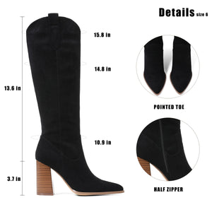 MeiLuSi Fall Boots for Women 2025 Black Knee High Cowboy Boots, Tall Suede Shoes Fashion Cowgirl Shoes Chunky High Heel