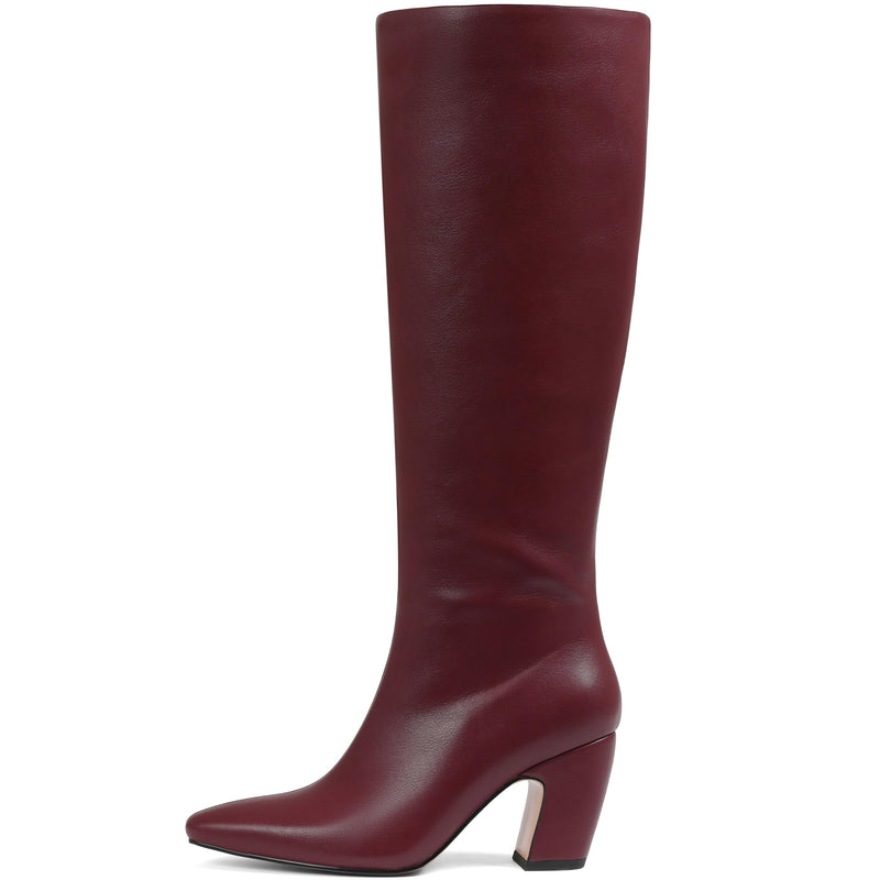 Women's Knee High Boots, Comfortable Square Toe Faux Leather Boot Fashion Long Tall Boots for Riding Wide Calf Chunky High Heeled Dress/Casual Boot, Burgundy Size 9