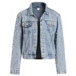 Load image into Gallery viewer, LifeShe Women's Pearls Denim Jacket Cropped Rhinestones Jean Jacket Coat
