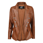 Load image into Gallery viewer, Jild Double Breasted Fancy Buttons Lambskin Leather Blazer Women - Kim Kardashian Long Sleeve Coat Style Leather Jacket Women (FC-Cognac-M)
