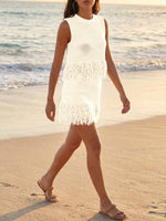 Load image into Gallery viewer, Fisoew Womens 2 Piece Crochet Outfits Sleeveless Knit Sweater Tops Fringe Skirts Summer Vacation Sets Beach Cover Ups
