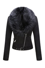 Load image into Gallery viewer, Bellivera Women's Faux Suede Leather Jacket Motocycle Sherpa-Lined Coat with Detachable Fur Collar 8830 Black M
