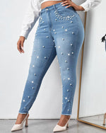 Load image into Gallery viewer, Ladyful Women's Pearls Skinny Jeans Butt Lifting High Waist Stretchy Rhinestones Denim Pants Light Blue
