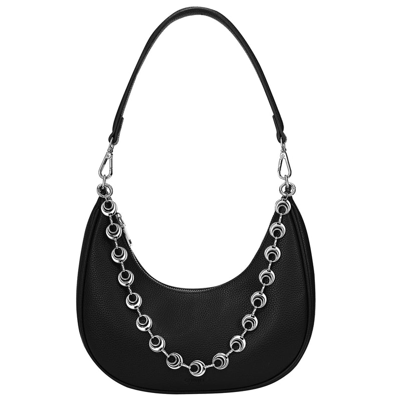 CHUNLI Small Shoulder Bag for Women, PU Leather Crescent Hobo Purses with Silver Chain, Women's Work Casual Evening Handbag, Black