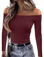 Load image into Gallery viewer, OwnTime Womens Off The Shoulder Tops Sexy Long Sleeve Shirts Fall Ribbed Knit Slim Fit Going Out Trendy Tops Blouses Burgundy M

