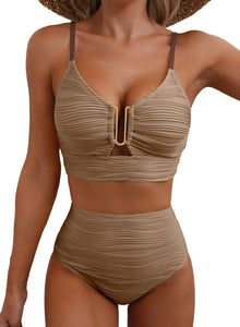 Herseas Women Bikini 2 Piece 2025 Vacation Clothes Cutout Bathing Suit Push Up Swimsuit Textured V Neck Swimwear Dark Brown Medium