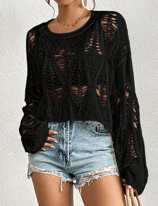 Vinsekep Womens Gothic Short Sweaters Casual Hallow Out Oversized Punk Goth Black Sweater Long Bell Sleeve Ripped Crop Tops with Holes X-Large