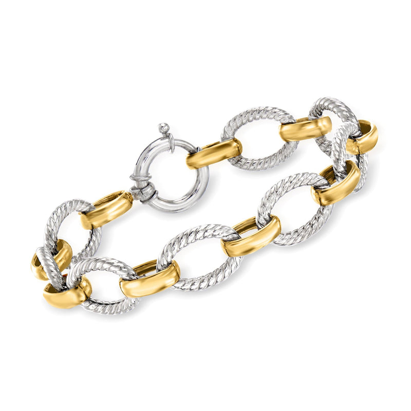 Ross-Simons Sterling Silver and 18kt Gold Over Sterling Silver Twisted-Oval Link Bracelet. 8 inches