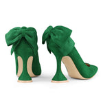 Load image into Gallery viewer, Zzheels Women's Bow High Heels Closed Toe Heels with Bow Chunky Heels Bridal Wedding Shoes Green Suede US6
