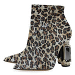 Load image into Gallery viewer, FSJ Women Chic Pointed Toe Crystal Chunky Block High Heel Ankle Boots Glossy Side Zipper Casual Daily Ladies Shoes Size 7 Leopard
