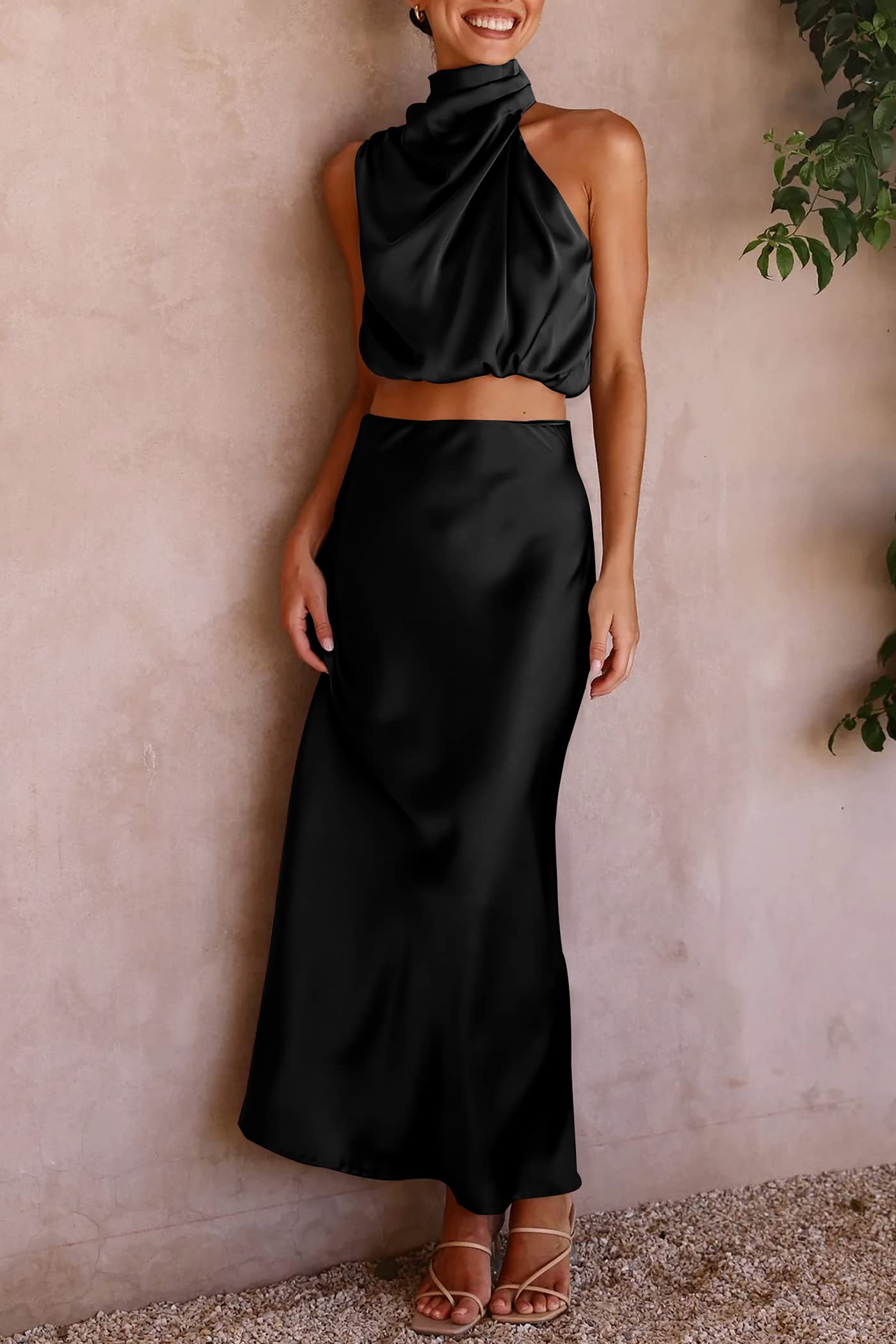 PRETTYGARDEN Women's 2 Piece Satin Outfits Summer Sleeveless Mock Neck Crop Tops and Long Skirt Dress Sets (Black,Medium)