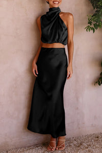 PRETTYGARDEN Women's 2 Piece Satin Outfits Summer Sleeveless Mock Neck Crop Tops and Long Skirt Dress Sets (Black,Medium)