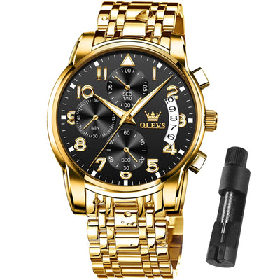 OLEVS Watches for Men,Mens Watches,Mens Gold Watch Big Large Face Black and Gold Waterproof Stainless Steel Dress Chronograph Luxury Water Resistant Fashion Roman Numerals Wrist Watch,Reloj Hombre
