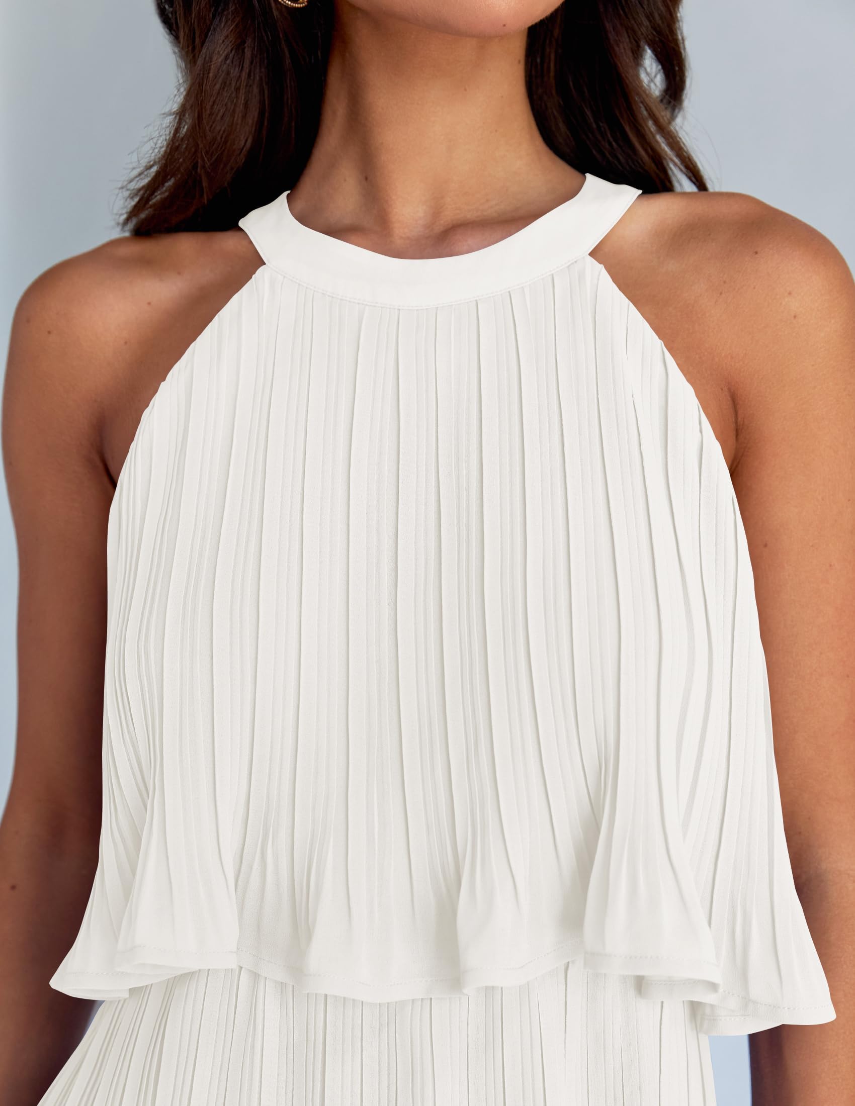 ZESICA Women's 2024 Summer Halter Dresses Sleeveless Ruffle Tiered Layered Chiffon Pleated A Line Swing Mini Dress,White,Medium