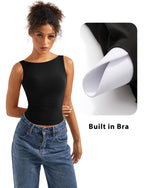 Load image into Gallery viewer, SUUKSESS Women Built in Bra Open Back Boat Neck Tank Tops Double Lined Backless Y2K Going Out Top Basic Shirt (Black,M)
