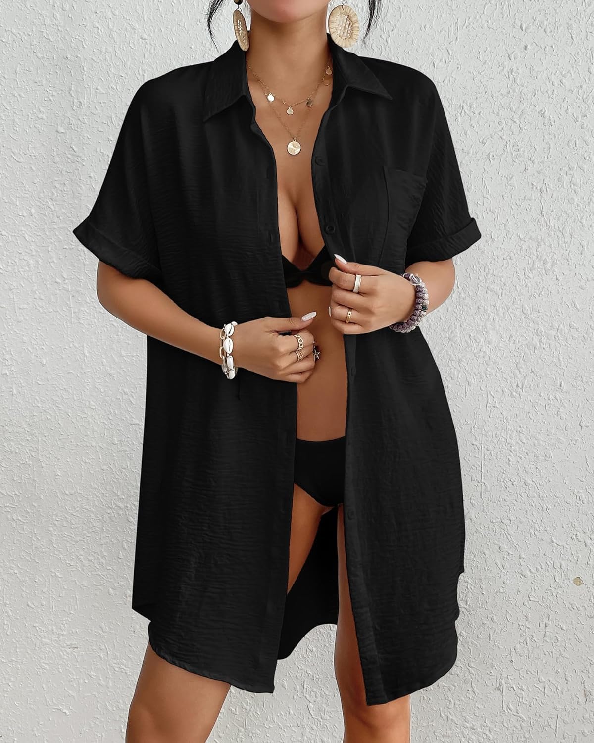 Bsubseach Bathing Suit Cover Up for Women Short Sleeve Bikini Beach Shirt Button Down Swim Cover Ups Black M