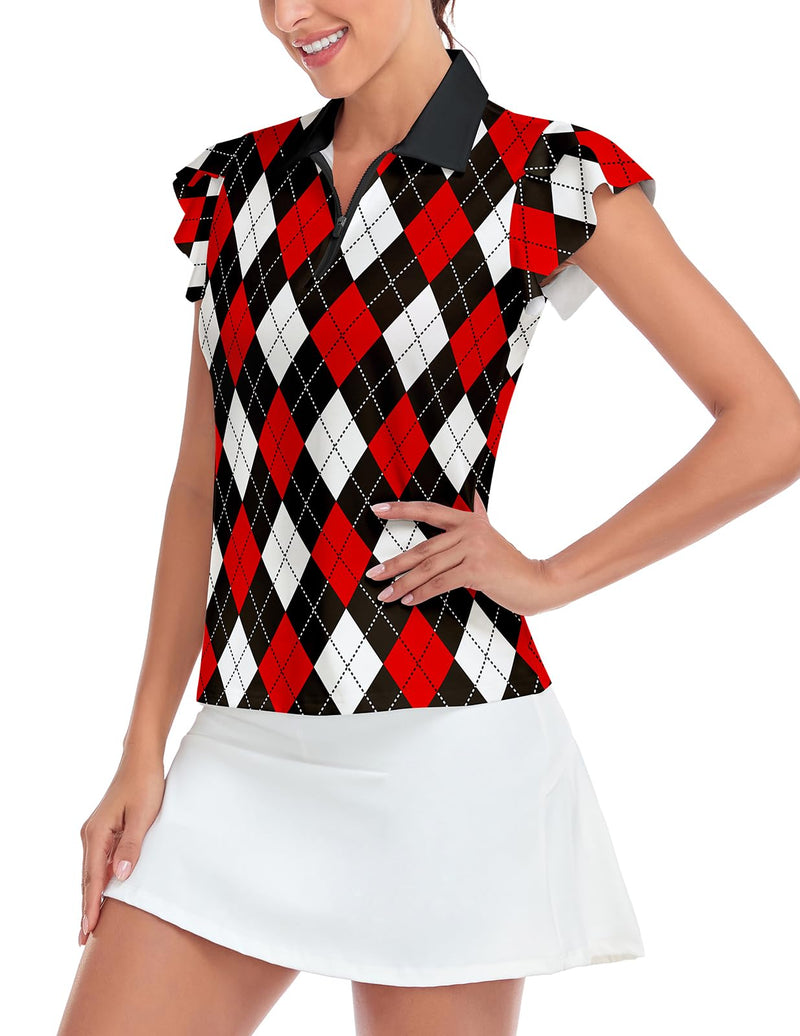 Ladies Argyle Golf Shirts Printed Petal Sleeve Polo Shirts Womens Golf Apparel