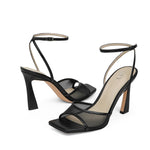 Load image into Gallery viewer, QIY Black Mesh Heels for Women Strappy Heels Stilettos 3 Inch Heel Square Open Toe Heel Faux Leather Black Sandal Dress Shoes Heeled Sandals Size 9
