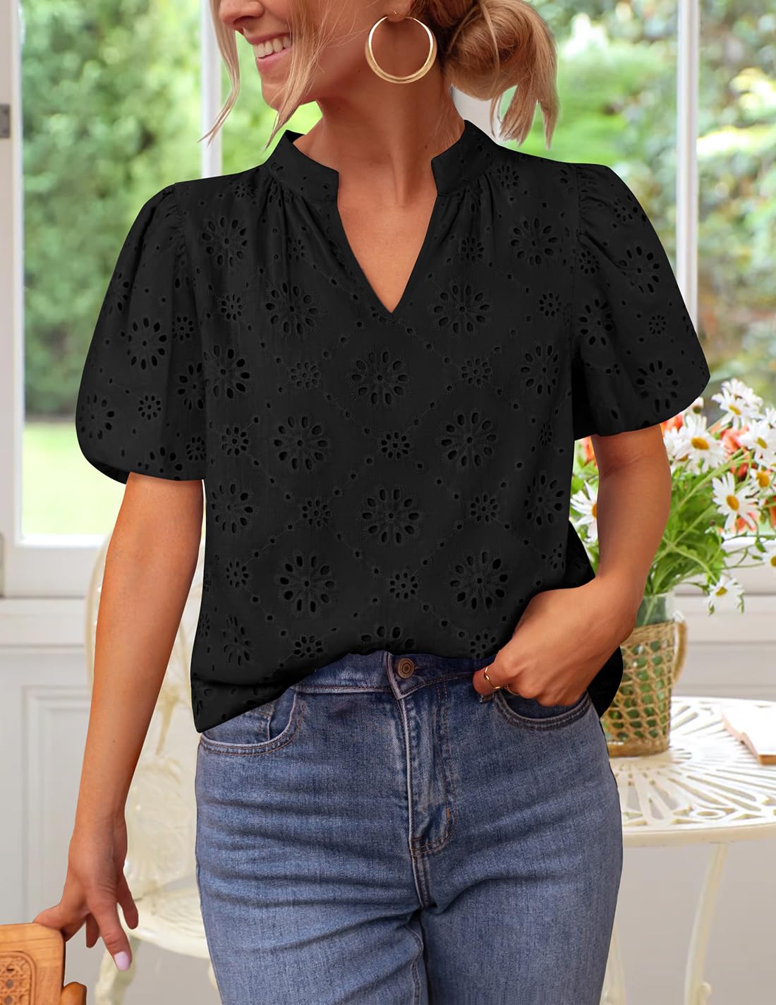 ZESICA Women's Summer Short Puff Sleeve Shirts 2025 V Neck Casual Hollow Out Lace Embroidered Blouse Tops,Black,Medium