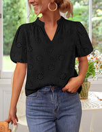 Load image into Gallery viewer, ZESICA Women&#39;s Summer Short Puff Sleeve Shirts 2025 V Neck Casual Hollow Out Lace Embroidered Blouse Tops,Black,Medium
