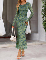 Load image into Gallery viewer, MEROKEETY Women's 2026 Spring Wedding Guest Maxi Dress Long Sleeve Bodycon Floral Mesh Fall Cocktail Formal Party Dresses, GrayGreen, Medium

