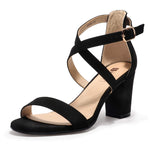 Load image into Gallery viewer, IDIFU Women's IN3 Grace Strappy Block Heels Sandals Comfy Open Toe Chunky Dress Wedding Shoes with Adjustable Cross Strap (Black Nubuck, 9 M US)
