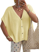 Load image into Gallery viewer, Saodimallsu Womens Summer Oversized Cardigans Batwing Short Sleeve Lightweight Button V Neck Casual Knit Sweater Tops Yellow
