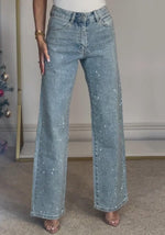 Load image into Gallery viewer, Famnbro Womens Rhinestone Jeans Baggy Y2K High Waisted Straight Wide Leg Sparkly Bling Glitter Denim Pants Blue
