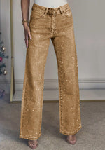 Load image into Gallery viewer, Famnbro Womens Rhinestone Jeans Baggy Y2K High Waisted Straight Wide Leg Sparkly Bling Glitter Denim Pants Brown
