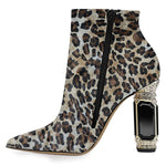 Load image into Gallery viewer, FSJ Women Chic Pointed Toe Crystal Chunky Block High Heel Ankle Boots Glossy Side Zipper Casual Daily Ladies Shoes Size 7 Leopard
