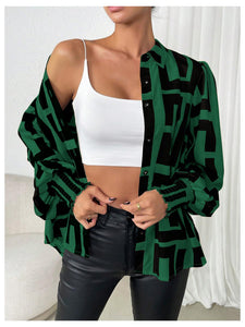 SweatyRocks Women's Graphic Print Long Lantern Sleeve Collar Neck Button Front Blouse Shirt Top Dark Green Medium