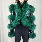 Load image into Gallery viewer, LVCOMEFF Women Sheep Leather Cropped Jacket Bolero Top Coat Motorcycle Jacket With Fox Fur Layer Long Sleeve Python Pattern (US, Alpha, X-Small, Regular, Regular, green 2)
