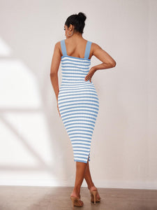 MEROKEETY Women's 2025 Summer Spring Bodycon Midi Dress Vacation Sleeveless Ribbed Knit Striped Party Sweater Dresses, Blue, S