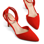 Load image into Gallery viewer, mysoft Women's Pumps Shoes Pointed Toe Kitten Low Heels Stiletto Ankle Strap Closed Toe Wedding Party Dress Sandals Red Suede
